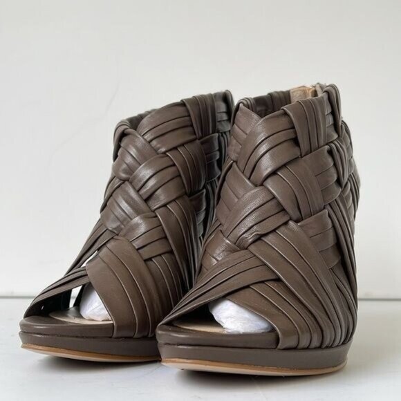 Boutique 9 Ashoe Woven Leather Cage Booties Women’s 8.5M Taupe Peep Toe High Hee - Picture 5 of 9